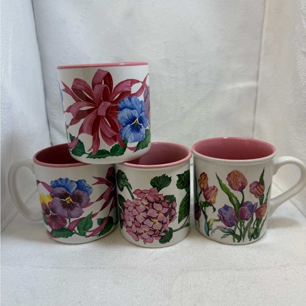 3 Vintage June Bauer pansies flower pink coffee mugs, 1 JuneBauer hydrangea mug